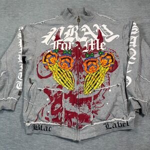 Blac Label Premium Jacket Men's XXL Gray Full Zip Pray For Me Wing Graphic Y2K